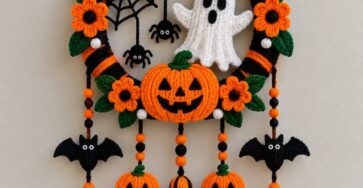 Crochet Halloween wreath with orange and black stripes, a ghost, pumpkins, bats, spiders, flowers, and tassels.