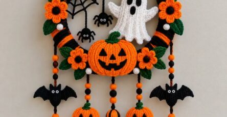 Crochet Halloween wreath with orange and black stripes, a ghost, pumpkins, bats, spiders, flowers, and tassels.