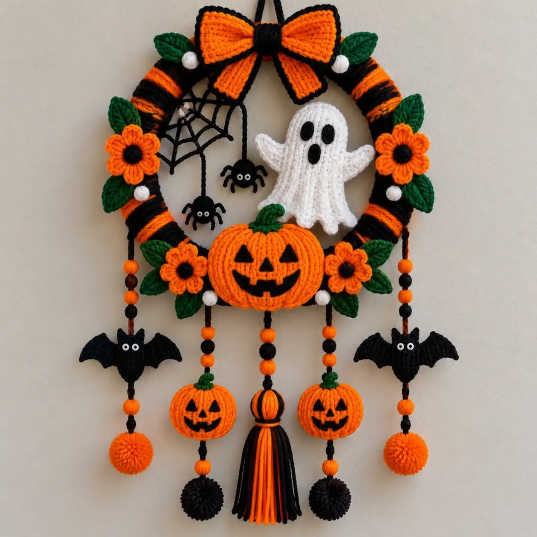 Crochet Halloween wreath with orange and black stripes, a ghost, pumpkins, bats, spiders, flowers, and tassels.