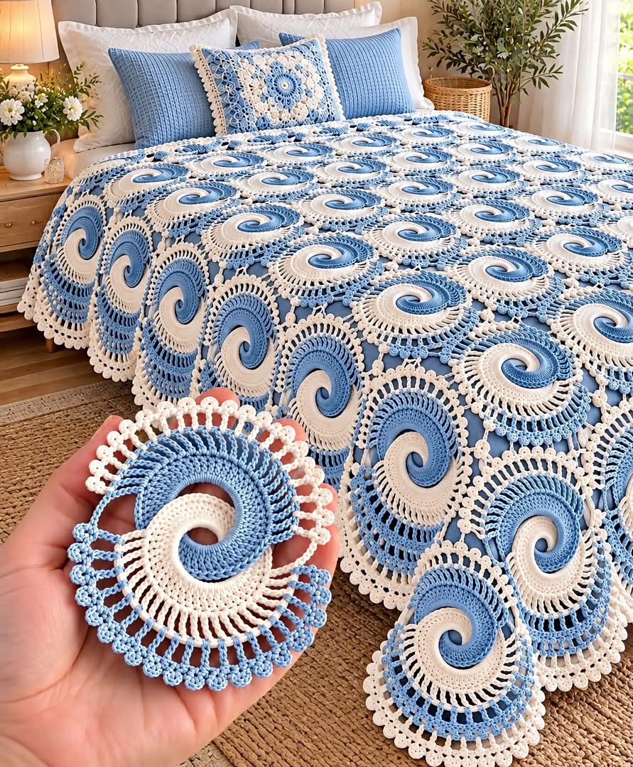 A hand holds a blue and white spiral crochet motif in front of a bed covered with similar swirl motifs forming a decorative crocheted bedspread.