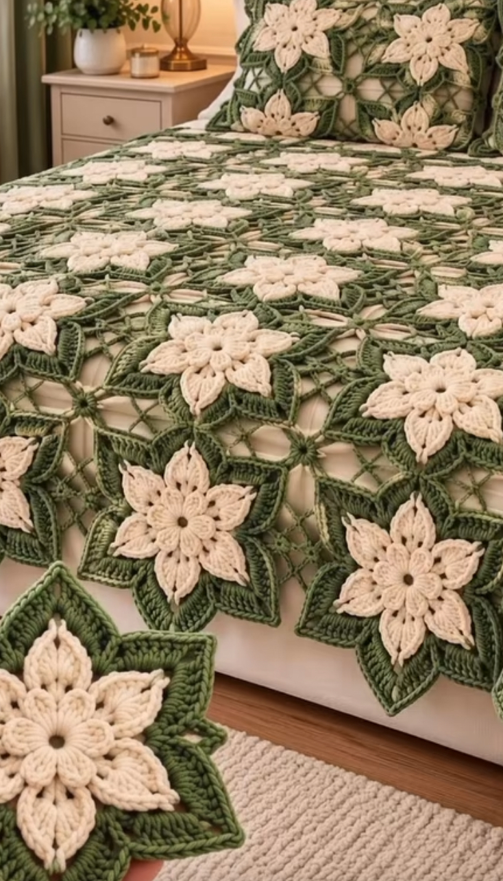 A crochet bedspread and pillow set featuring cream and green star-shaped flower motifs joined in a lacy design.