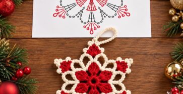 A crocheted red and cream six-point star ornament with a loop, next to its stitch diagram, surrounded by festive Christmas greenery and baubles.
