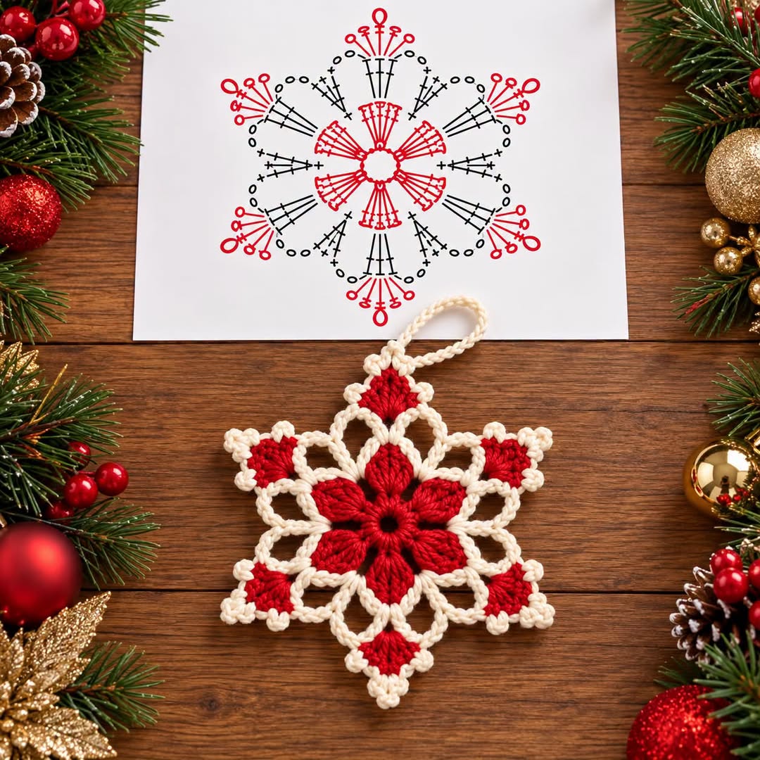 A crocheted red and cream six-point star ornament with a loop, next to its stitch diagram, surrounded by festive Christmas greenery and baubles.