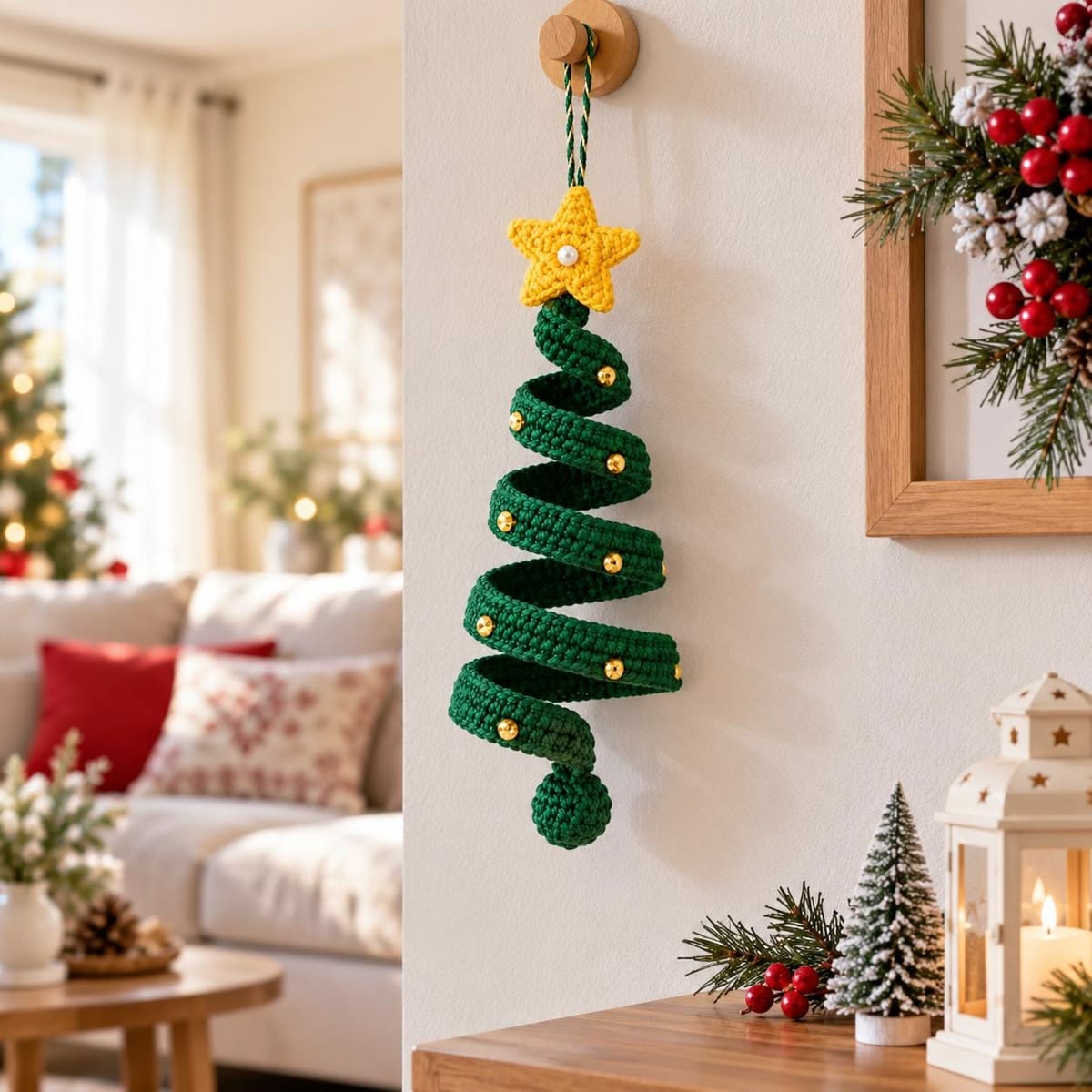 A crocheted green spiral Christmas tree wall hanging with a yellow star and gold button decorations.