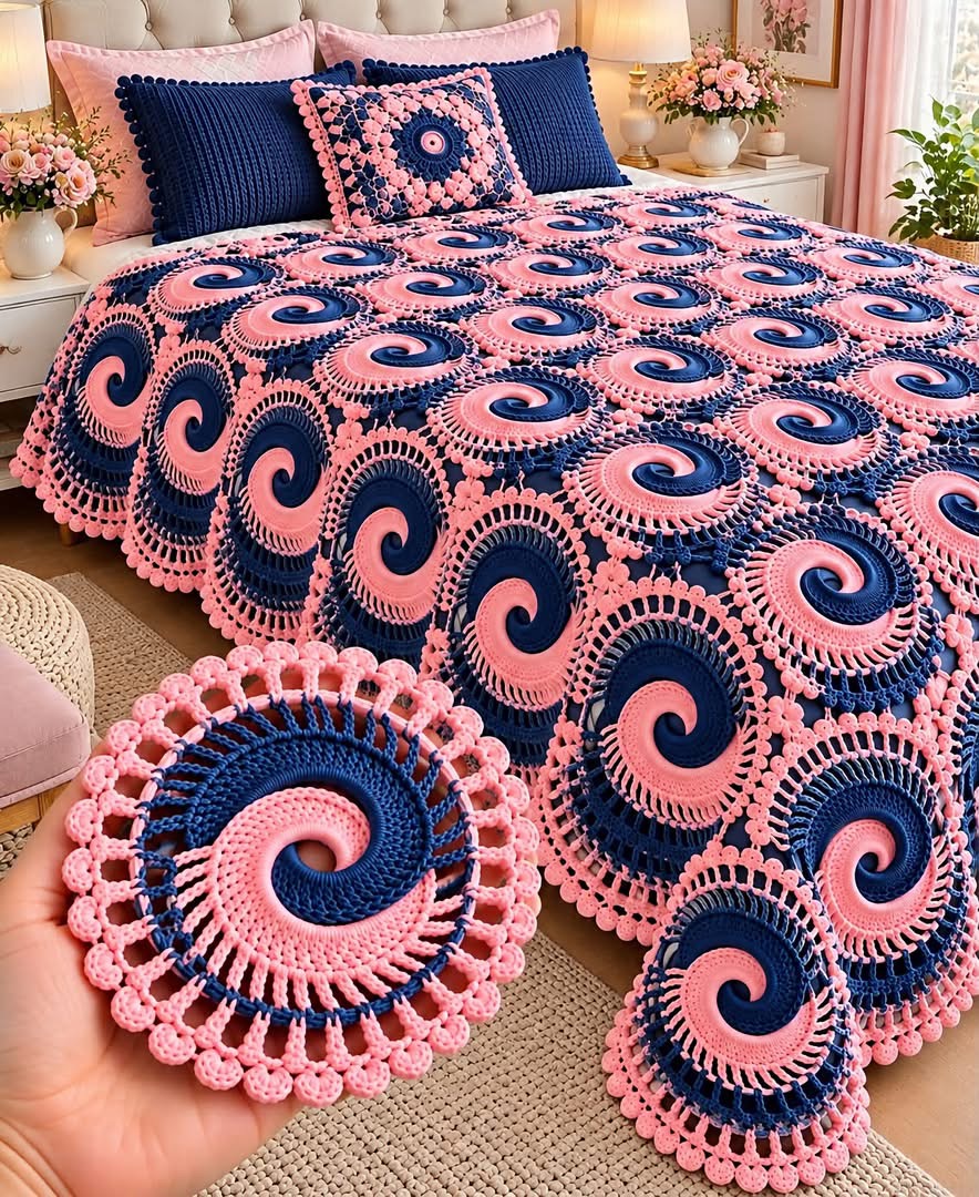 A crochet blanket made from joined pink and navy spiral motifs with decorative openwork edging, spread on a bed.