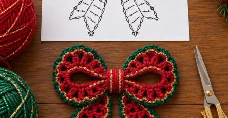 A festive crocheted bow in red, green, and gold with a lacy texture lying on a table, next to a crochet chart and yarn.