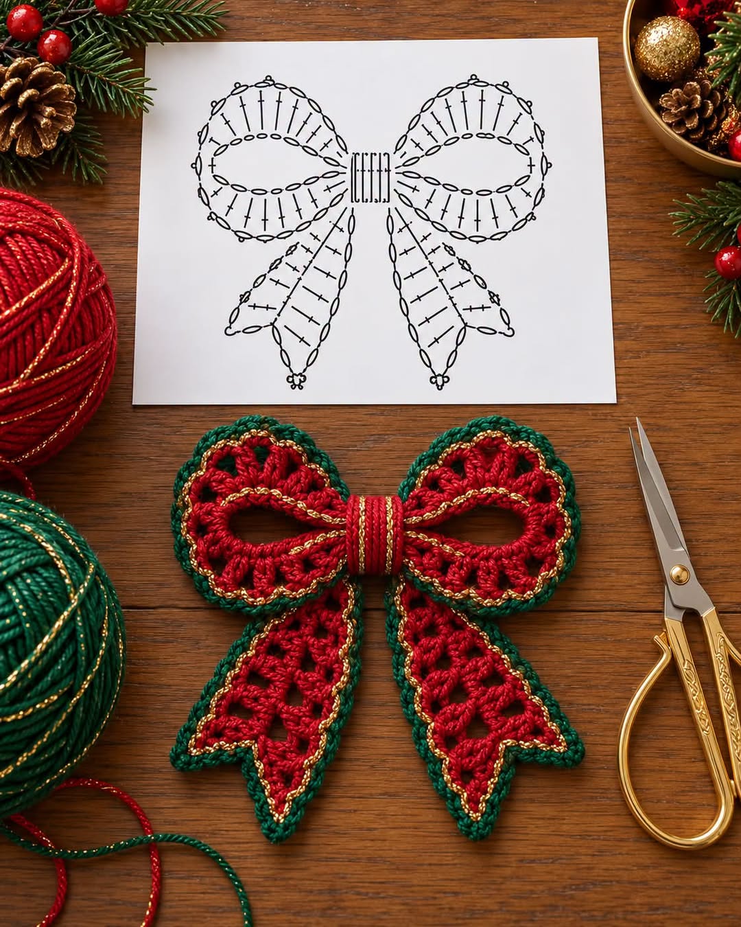 A festive crocheted bow in red, green, and gold with a lacy texture lying on a table, next to a crochet chart and yarn.
