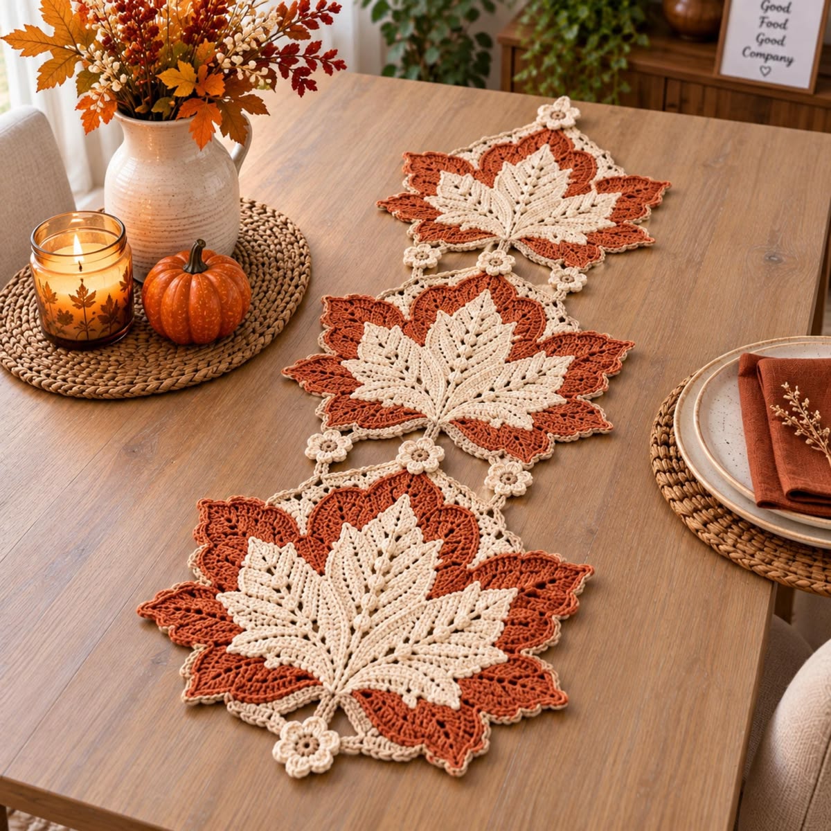 Crochet table runner with layered maple leaf motifs in beige and rust, connected with small flower motifs, displayed on a wooden table.