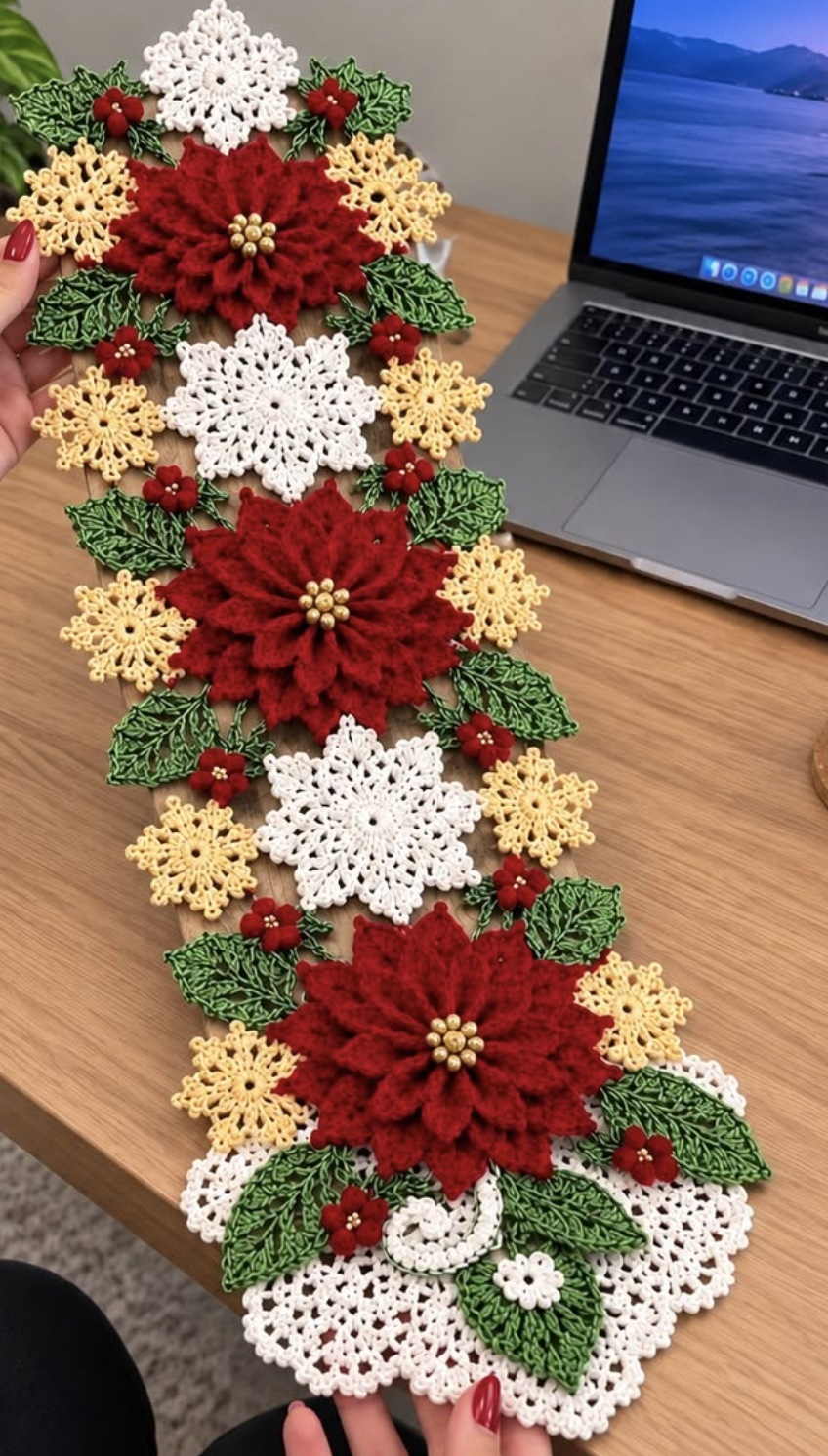 Handmade crochet table runner featuring large red poinsettias, white and yellow snowflakes, and green leaves, ideal for holiday decoration.