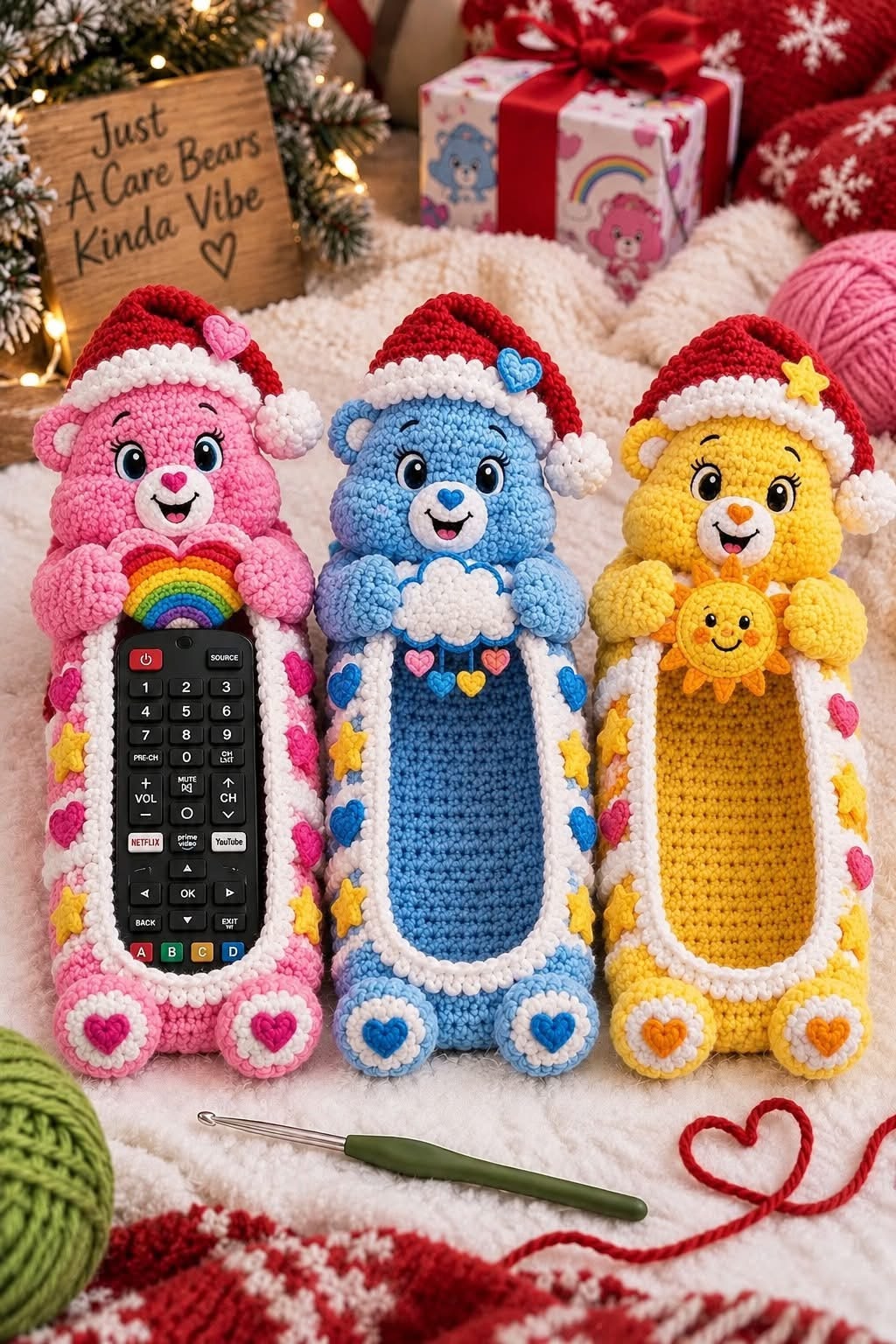 Three crocheted Care Bear-inspired remote holders with pink, blue, and yellow bears, each featuring 3D arms, ears, Santa hats, and iconic belly motifs.