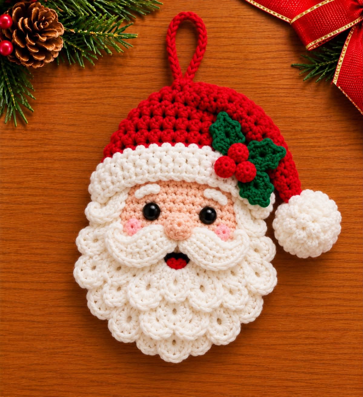 A crocheted Santa Claus face ornament with a red hat, white beard, black eyes, green holly leaves, and red berries, displayed on a wooden surface.
