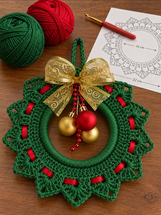 A crocheted green Christmas wreath with a scalloped edge, red ribbon, gold bow, and holiday ornaments on a wooden surface.