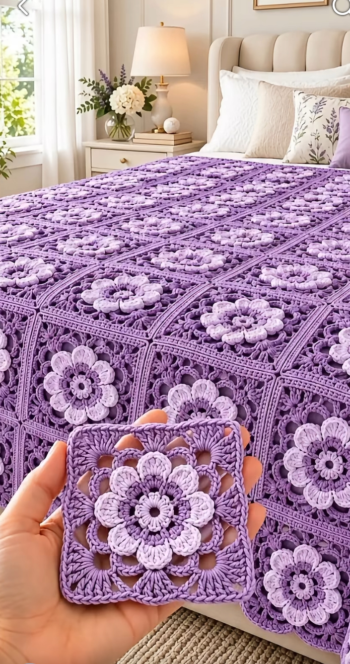 A lavender and white crochet blanket made of joined floral granny squares, with a close-up of a hand holding one square.