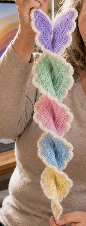 A spiral garland made of pastel crochet butterfly motifs with lacy white edging.