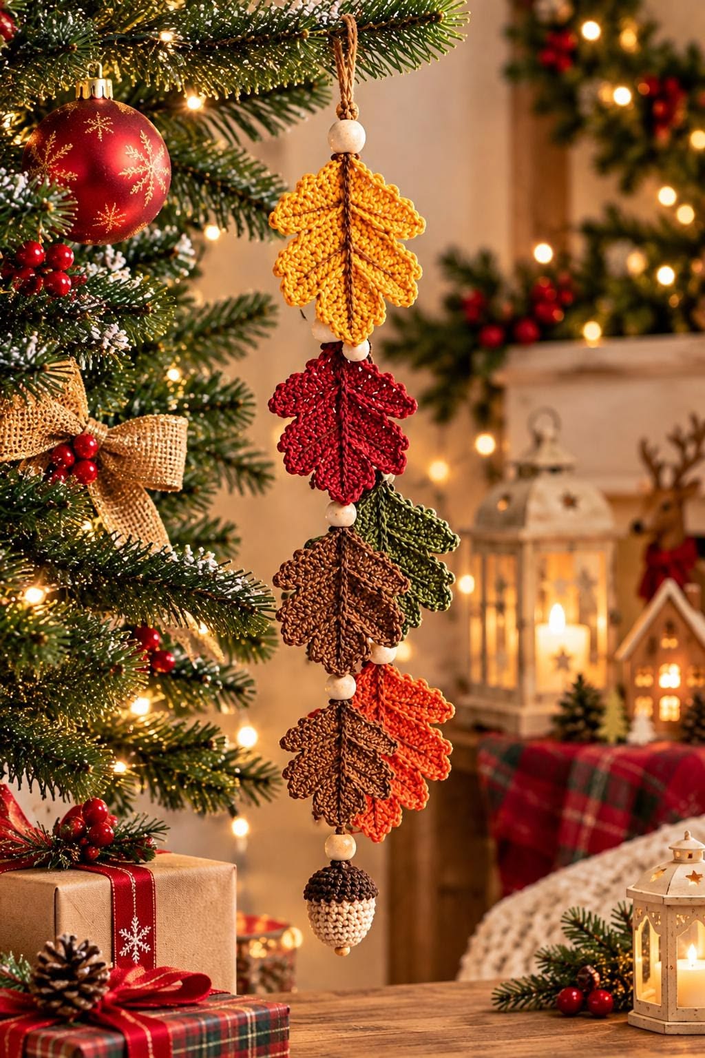 A decorative crochet garland featuring colorful autumn leaves and an acorn, hanging as an ornament on a Christmas tree.