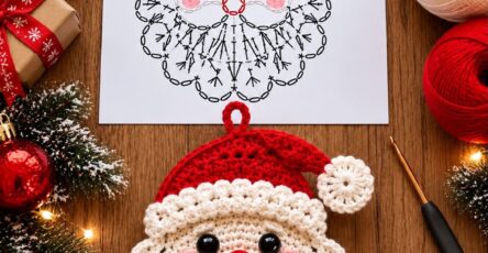 Crochet Santa face ornament with a red hat and white beard, decorated and lying beside a stitch diagram and yarn.