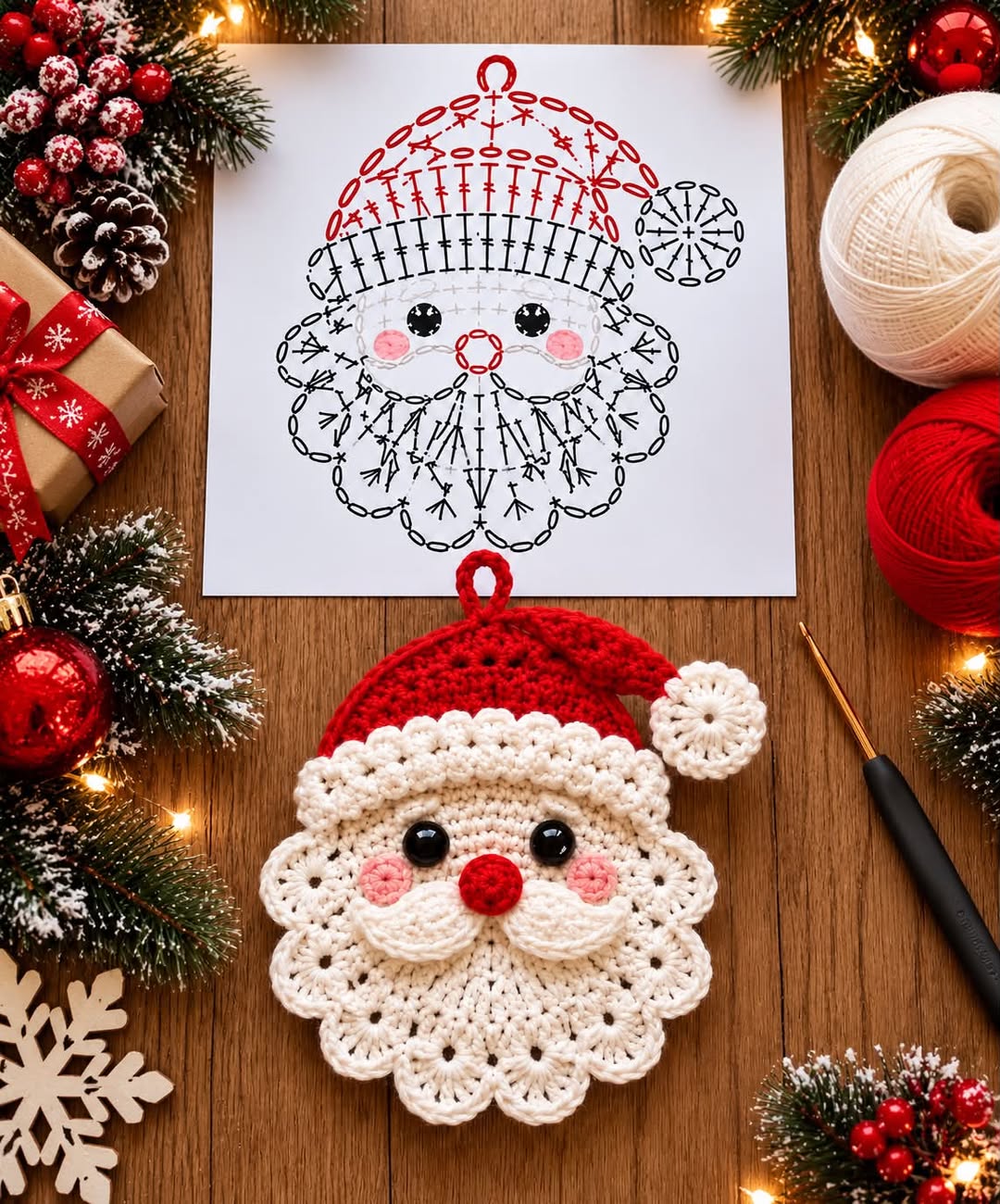 Crochet Santa face ornament with a red hat and white beard, decorated and lying beside a stitch diagram and yarn.