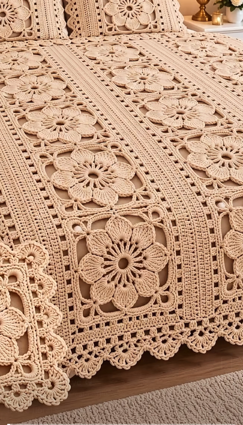 A crocheted bedspread with large floral motifs joined by lacy panels, in a soft beige yarn, draped over a bed with matching pillow covers.