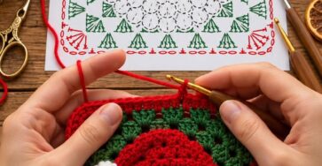 A crocheted granny square featuring a detailed Santa Claus face with a red hat, fluffy beard, green background, and red border.