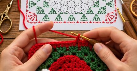 A crocheted granny square featuring a detailed Santa Claus face with a red hat, fluffy beard, green background, and red border.