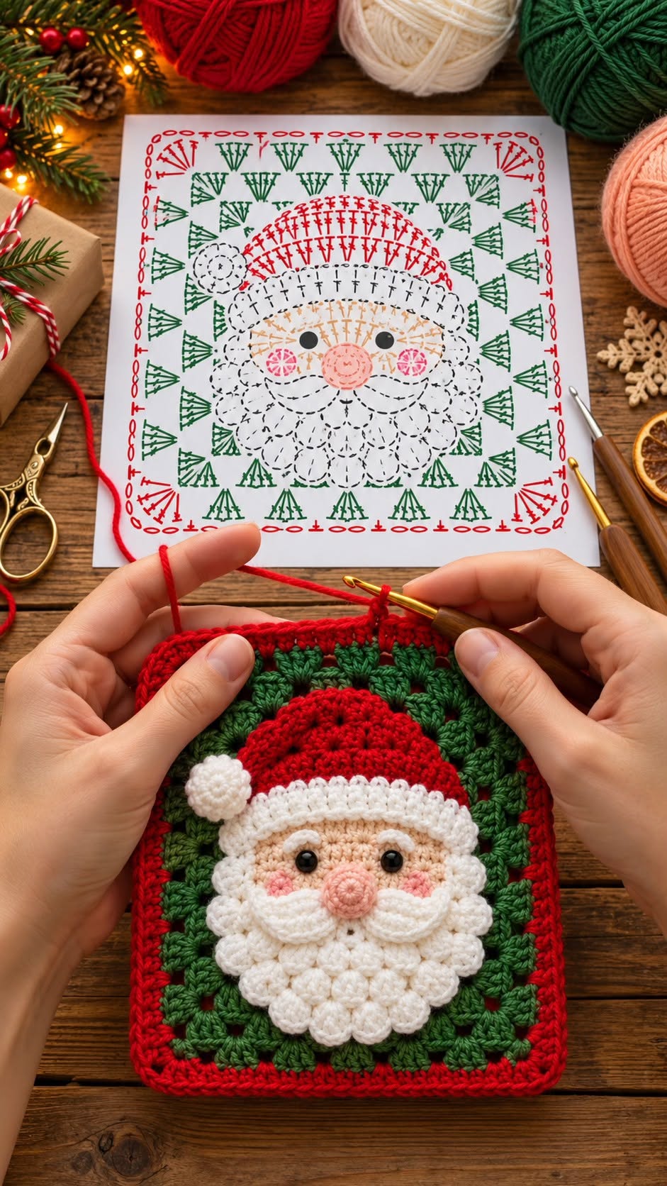 A crocheted granny square featuring a detailed Santa Claus face with a red hat, fluffy beard, green background, and red border.