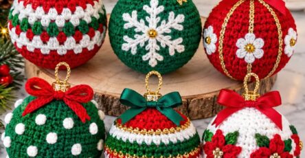 Six colorful crochet Christmas ornament balls decorated with bows, flowers, and patterns, displayed on a holiday background.