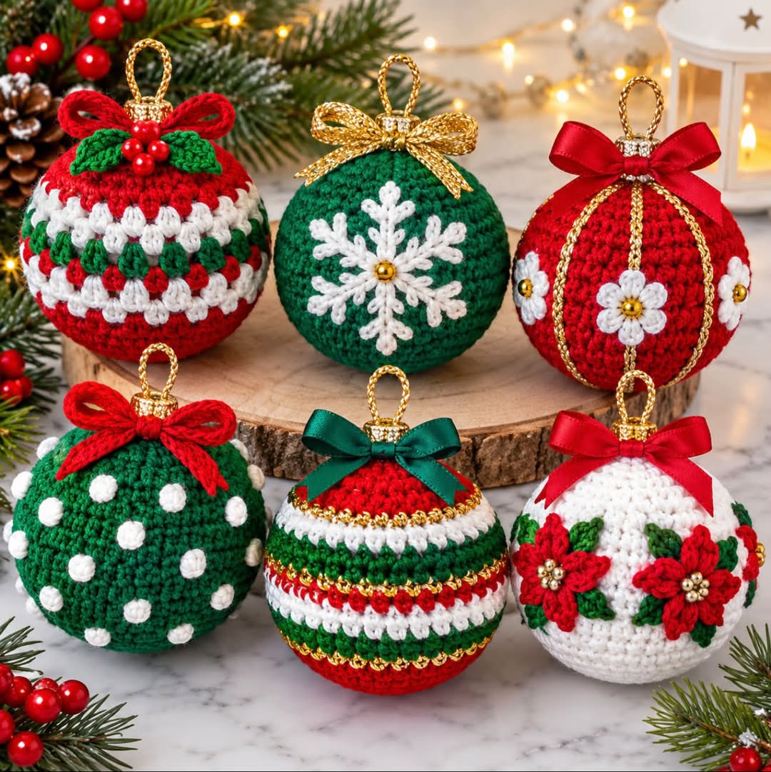 Six colorful crochet Christmas ornament balls decorated with bows, flowers, and patterns, displayed on a holiday background.