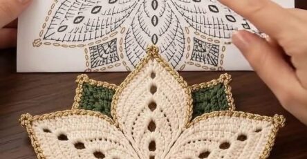 Crochet poinsettia flower motif with cream and green petals, gold edging, and gold beads, shown with its crochet diagram.