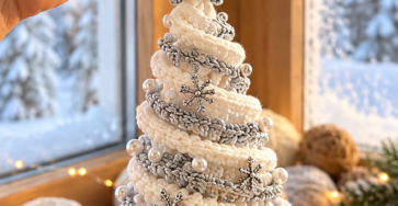 Handmade crochet Christmas tree ornament with white textured body, spiral silver garland, pearl beads, decorative star, and bell base.