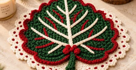 A crochet placemat shaped like a large green leaf with cream veins, red accents, holly berries, and a lacy cream and red border.