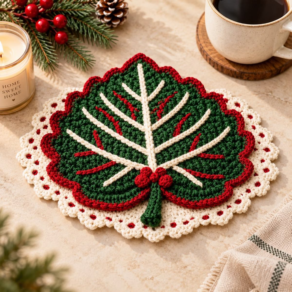 A crochet placemat shaped like a large green leaf with cream veins, red accents, holly berries, and a lacy cream and red border.