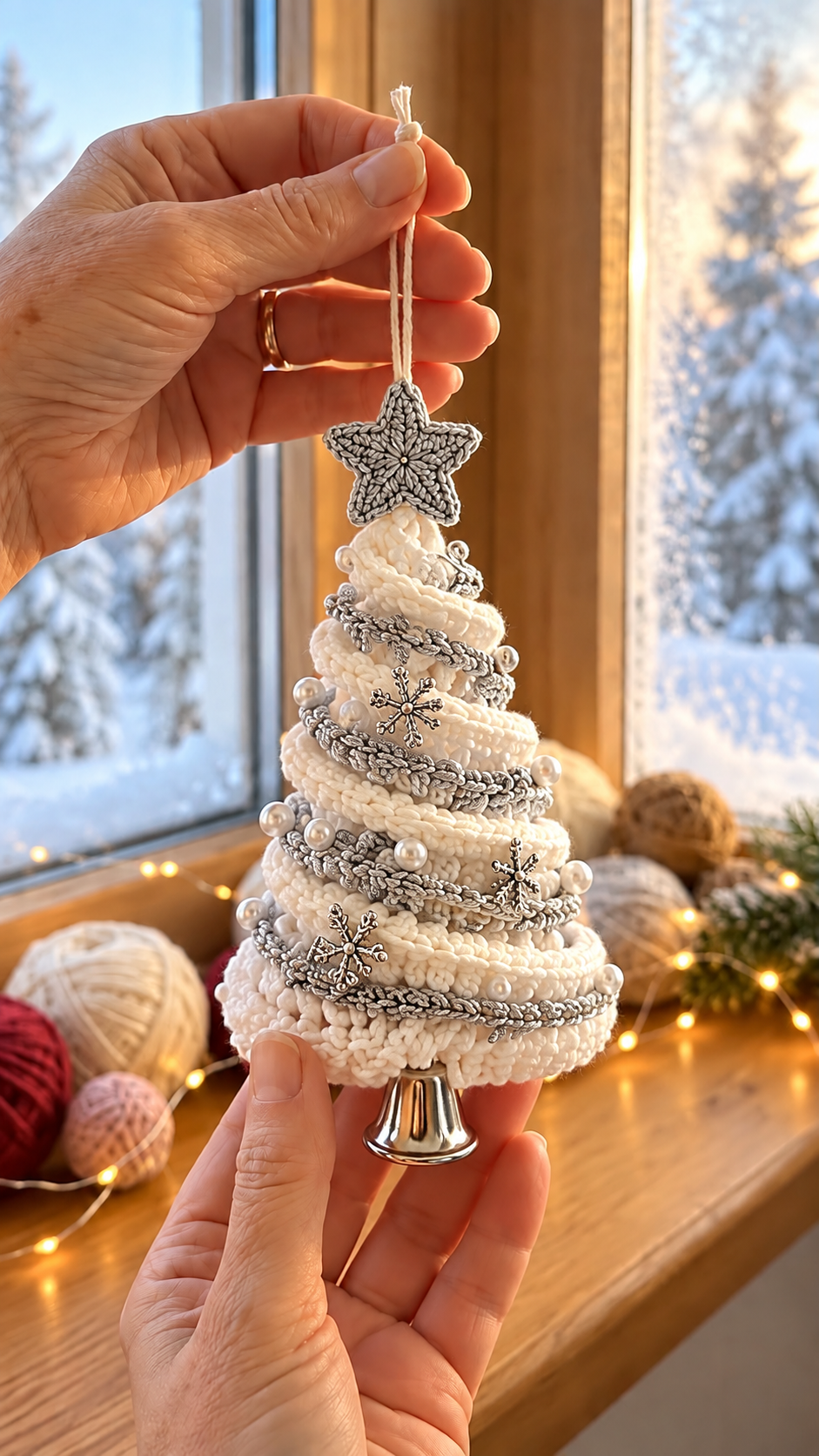 Handmade crochet Christmas tree ornament with white textured body, spiral silver garland, pearl beads, decorative star, and bell base.