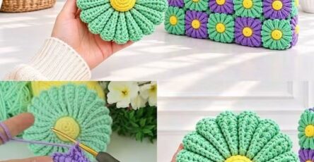 Crochet tote bag and flower motifs in green, purple, and yellow yarn, with step-by-step photos of the crochet process.