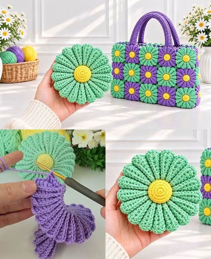 Crochet tote bag and flower motifs in green, purple, and yellow yarn, with step-by-step photos of the crochet process.