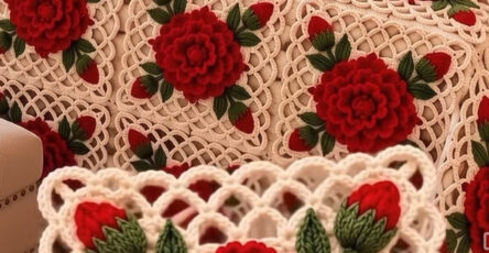 A close-up of a crocheted granny square featuring a 3D red rose with green leaves on a lacy cream background, forming part of a bedspread.