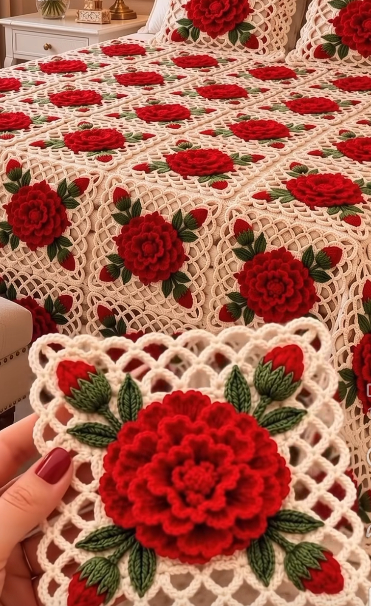 A close-up of a crocheted granny square featuring a 3D red rose with green leaves on a lacy cream background, forming part of a bedspread.