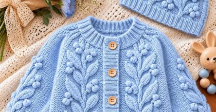 A baby blue crochet cardigan with wooden buttons and matching hat, both featuring bobble and leaf patterns.
