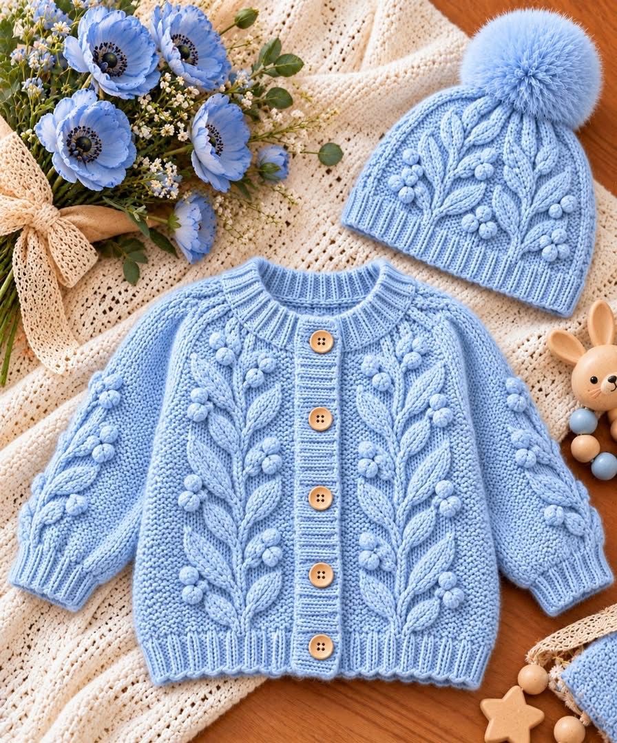A baby blue crochet cardigan with wooden buttons and matching hat, both featuring bobble and leaf patterns.