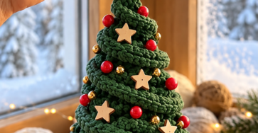 Hand-crocheted spiral Christmas tree ornament with green textured rounds, red and gold bead accents, wooden star appliqués, and a gold bell base.