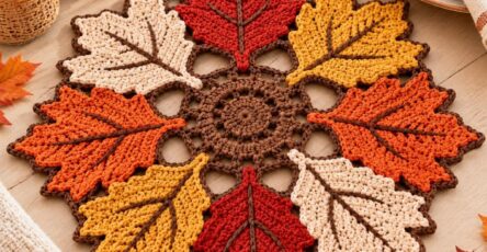 A round crochet table centerpiece featuring colorful autumn leaf motifs arranged in a mandala pattern with brown, red, orange, yellow, and cream yarn.