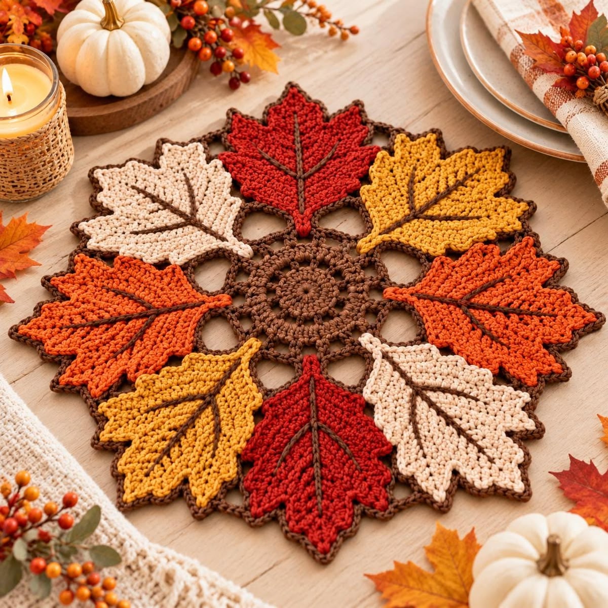 A round crochet table centerpiece featuring colorful autumn leaf motifs arranged in a mandala pattern with brown, red, orange, yellow, and cream yarn.