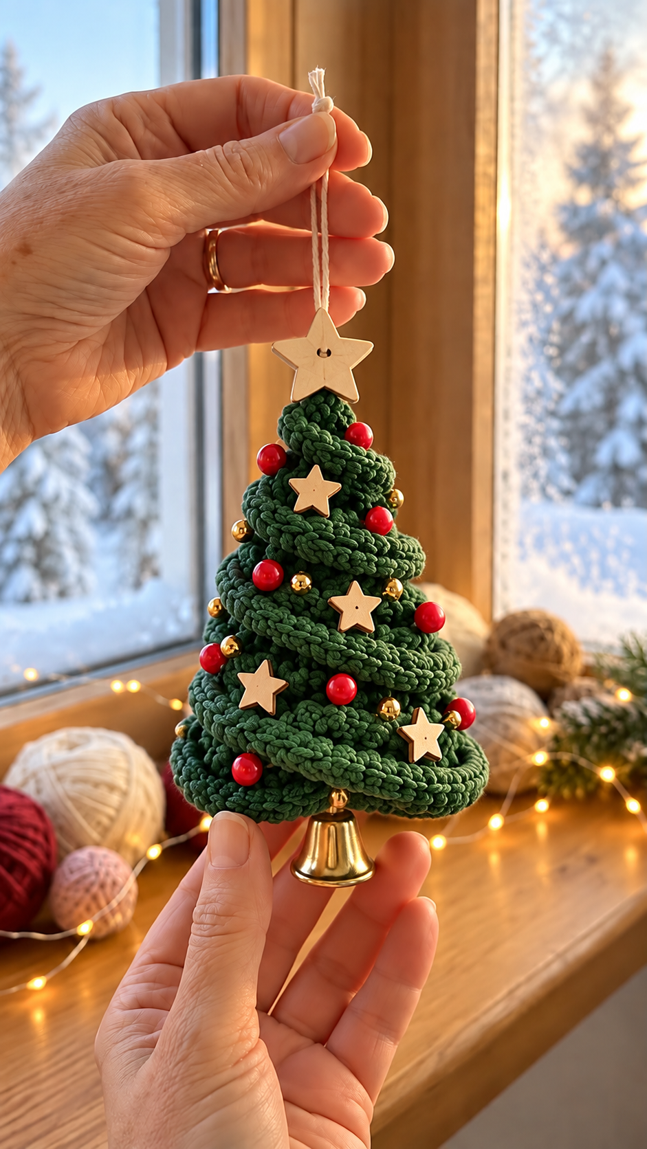 Hand-crocheted spiral Christmas tree ornament with green textured rounds, red and gold bead accents, wooden star appliqués, and a gold bell base.