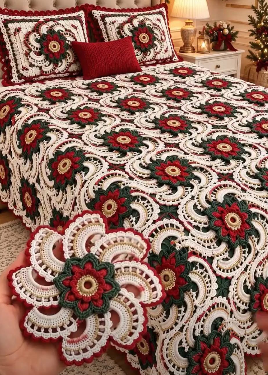 A bed covered with an intricate crochet bedspread featuring red, green, and cream floral motifs, with matching pillows and a hand holding one motif.