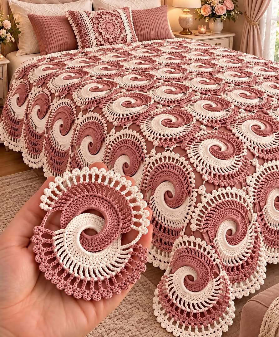 Vintage-style crochet bedspread with interlocking pink and white spiral swirl motifs and decorative pillows on a bed.