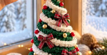 A hand holding a crocheted Christmas tree ornament decorated with a white spiral garland, plaid bows, red and gold balls, and a gold bell base.
