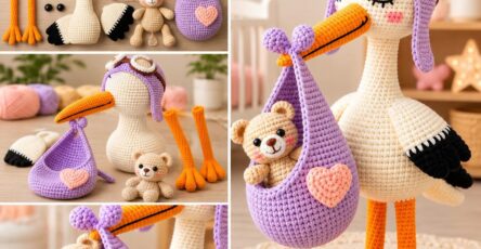 A crochet stork with orange legs and beak, wearing pilot goggles and a purple aviator hat, holding a lilac pouch with a small teddy bear inside.