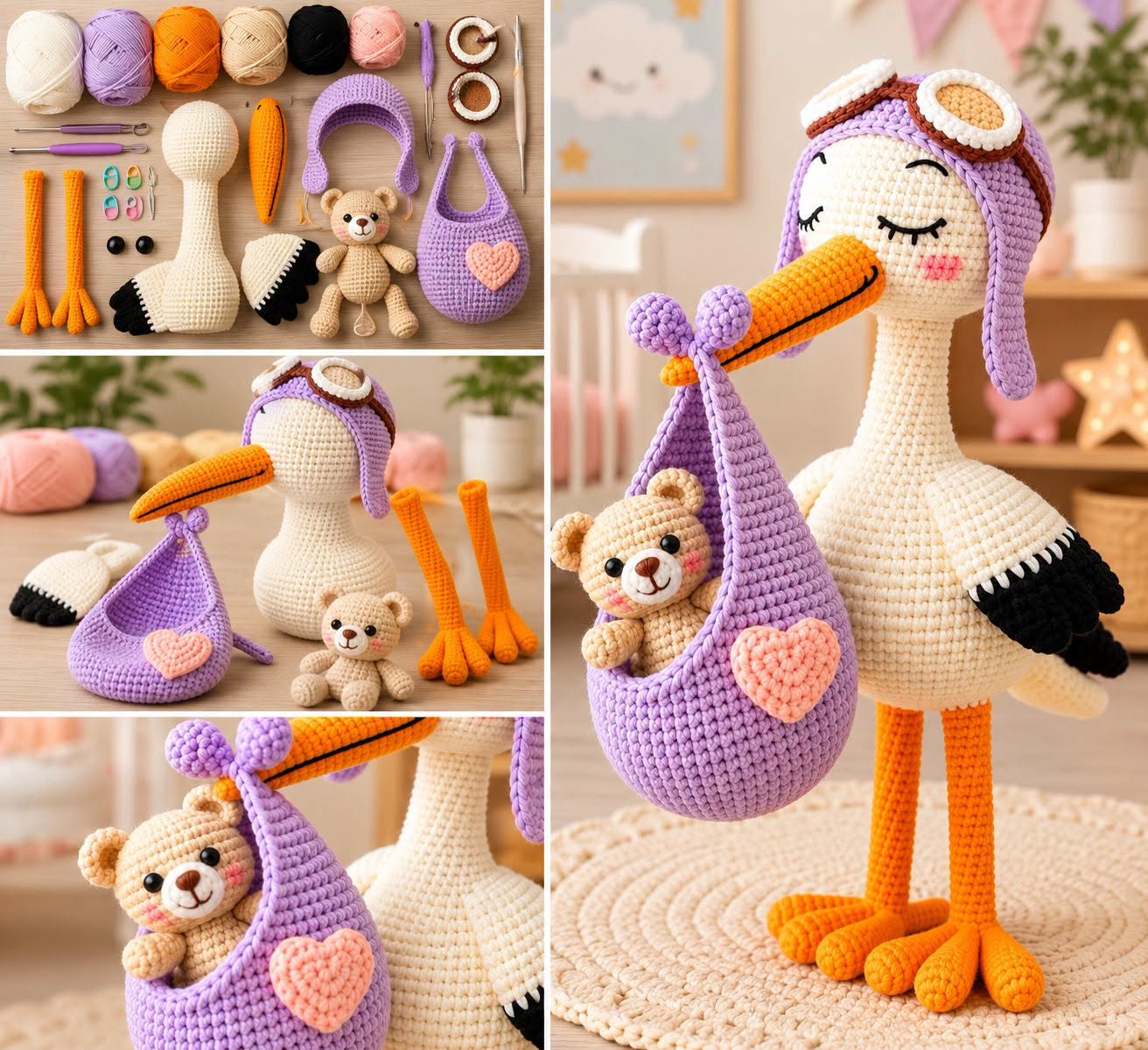 A crochet stork with orange legs and beak, wearing pilot goggles and a purple aviator hat, holding a lilac pouch with a small teddy bear inside.