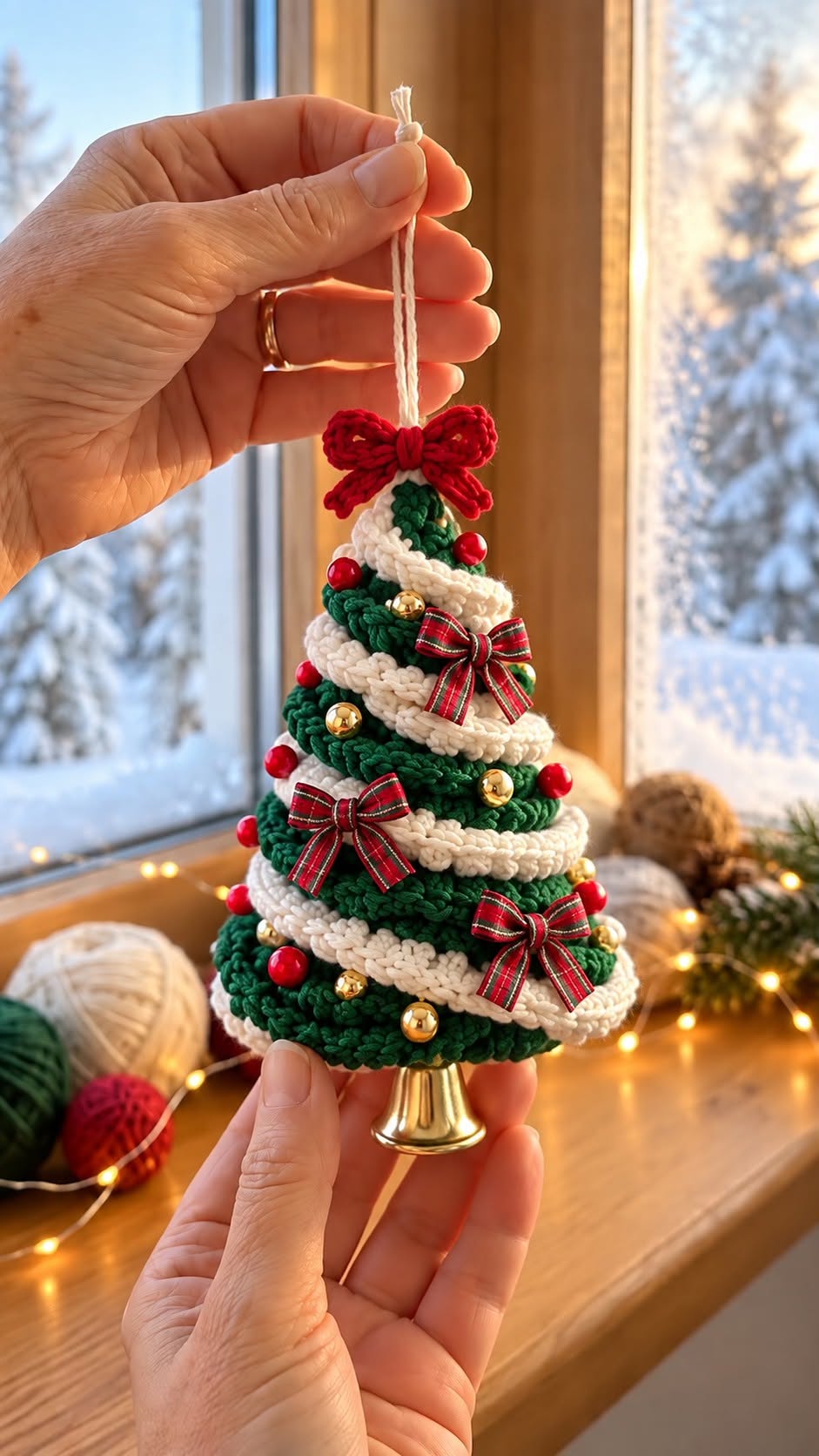 A hand holding a crocheted Christmas tree ornament decorated with a white spiral garland, plaid bows, red and gold balls, and a gold bell base.