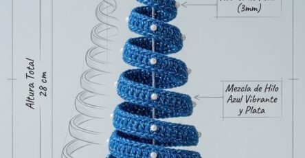 A blue spiraled crochet Christmas tree ornament with pearl accents and a wire star topper.