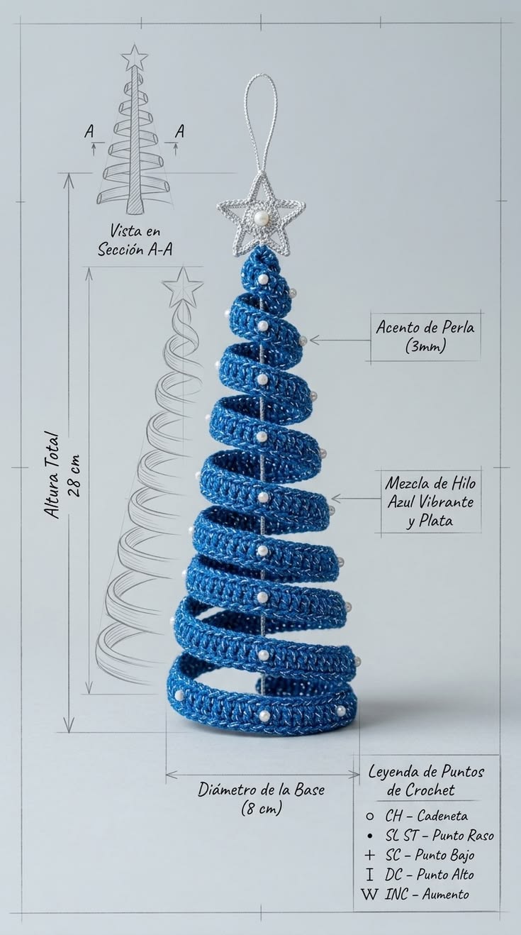 A blue spiraled crochet Christmas tree ornament with pearl accents and a wire star topper.
